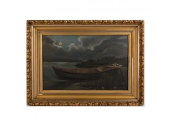 Early 20th Century Original Oil 'Moored Boat' Info Verso
