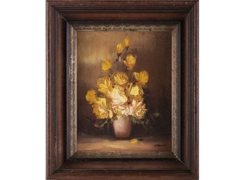 Mid Century Flora Oil On Canvas 'Yellow Roses'