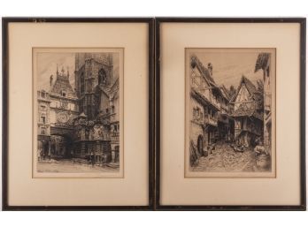 A Pair Of Antique Charles Pinet (1867-1932) Etching On Paper 'City Landscapes'