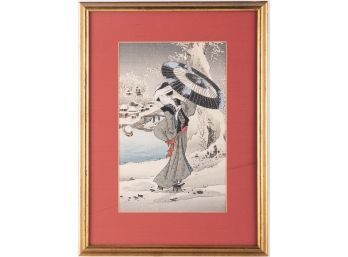 Old Ukiyo-e Woodblock On Paper 'Lady With Umbrella'