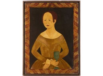 Antique American Folk Art Oil On Canvas 'Portrait Of Lady'