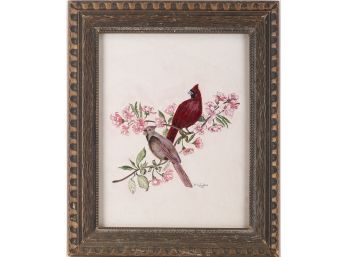 Vintage Art Nouveau Mixed Media On Paper 'Birds On A Branch'