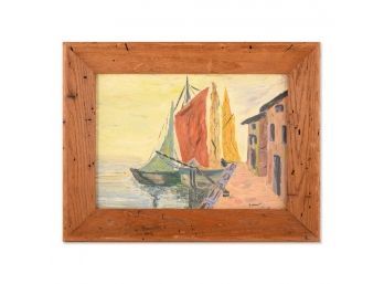 Small VIntage Post Impressionist Original Oil 'Moored Ships'