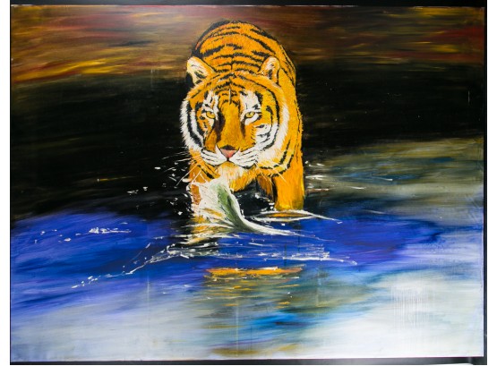 Fine Art  Animal Life Original Oil Painting By Artist Guoqiang Ning 'Tiger NO.2'