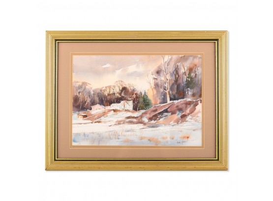 Vintage American Impressionist Watercolor 'Winter Landscape' Signed