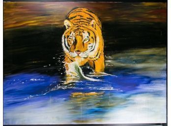 Fine Art  Animal Life Original Oil Painting By Artist Guoqiang Ning 'Tiger NO.2'