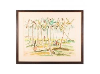 Large Vintage Original Watercolor On Paper 'Palm Trees' Signed