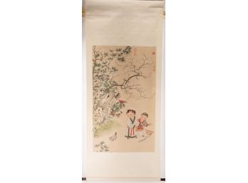 Chinese Gongbi Watercolor On Silk 'Kids Play In Winter Day'