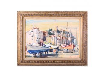 Vintage European Impressionist Original Oil 'Beached Boats'