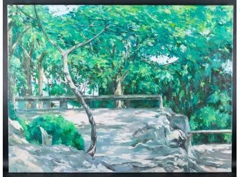 Fine Art Landscape Original Oil Painting By Artist Panpan Wei 'Stone Bench'