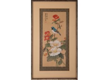 Chinese Bird And Flower Watercolor On Silk 'Camellia Bloom'