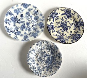 3 Blue And White Plates / Saucers