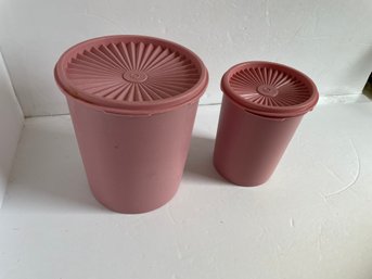 Pair Of Pink Tupperware Pink Canisters.