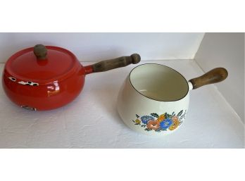 Two Vintage  Wood Handle Fondue Pots