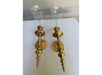 Pair Of Brass Wall Sconces W Globes