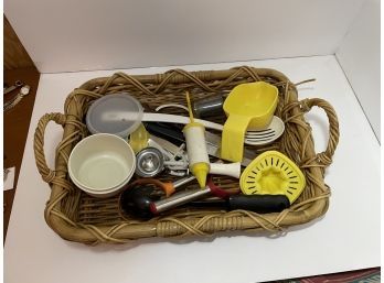Basket W Contents Of Assorted Kitchen Items, Cutlery