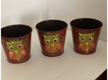 3 Owl Tin Buckets, Planters?