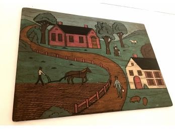 Vintage Primitive Painting On Wood - Farm Scene