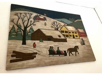 Vintage Primitive Painting On Wood - Winter Scene