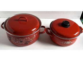 Two Red Floral Enamel Pots