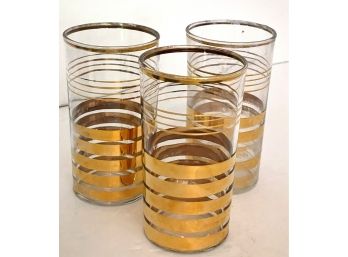 3 Mid Century Gold Striped Glass Tumblers High Ball