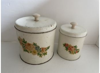 Pair Of 2 Vintage Kitchen White Canisters - Floral Label