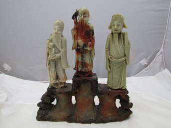 Vintage Hand Carved Stone Asian Oriental Chinese Wisemen On Stand