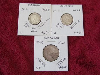 (3) CANADIAN 80 SILVER COINS .269 OZS TOTAL