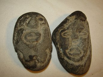 2 CARVED HEAD FACE STONE ROCK SCULPTURES