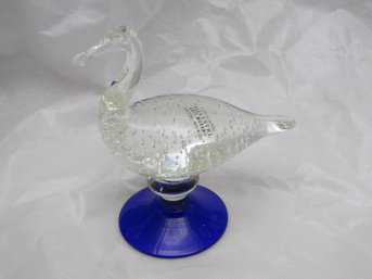 MURANO CLEAR GLASS SWAN WITH BLUE BASE