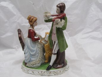 Vintage Victorian Couple Porcelain Figurine Woman Playing Harpsichord Man Violin