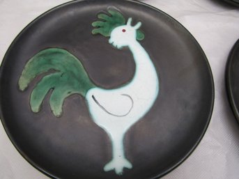 GREEN MCM VALLAURIS 8' POTTERY PLATES CERENNE ROOSTER COCKERAL SIGNED R. RABOT