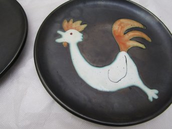 ORANGE MCM VALLAURIS 8' POTTERY PLATES CERENNE ROOSTER COCKERAL SIGNED R. RABOT