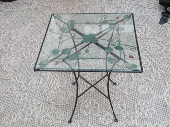 GREEN METAL OUTDOOR SIDE TABLE W/ GLASS TOP VINE AND BERRY DESIGN