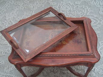 VINTAGE CARGED SIDE WOOD INLAID TABLE W/ REMOVABLE GLASS TRAY