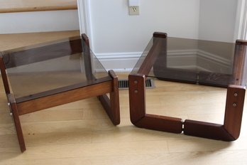 2 ROSEWOOD & GLASS END TABLES