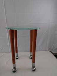 WOOD AND GLASS ROLLING SIDE END TABLE