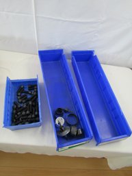 PLASTIC CONTAINERS W/ MISC BOLTS AND CUTTERS