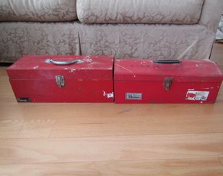 2 RED TOOL BOXES FILLED WITH DOOR & ELECTRICAL HARDWARE