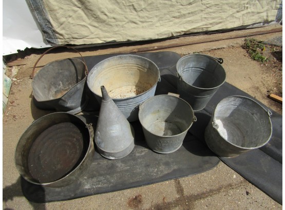 Lot Of  Vintage Galvinized Steel Handled Pans And Bucket Funnels