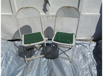 2 Vintage Industrial Mid Century Metal  Folding Chairs Green Padding