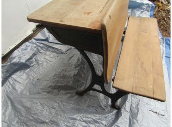 Antique Childs Folding School Desk With Bench Wood & Cast Iron