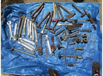 VINTAGE TOOL LOT HAMMERS WRENCHS DRILL BITS AND MORE