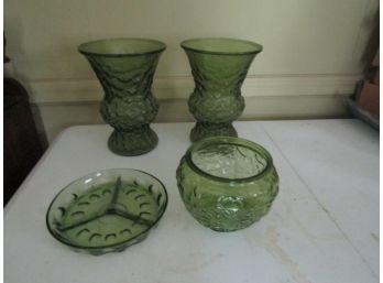 Vintage Green Glass Lot - Vases, Dish, Bowl