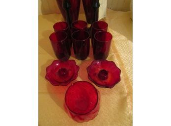 RED CRANBERRY GLASS LOT - VASES, CANDLE HOLDERS GLASSES