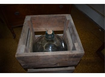 Vintage Large Heavy 5 Gallon Glass Water Jug In Wood Wooden Crate Nice