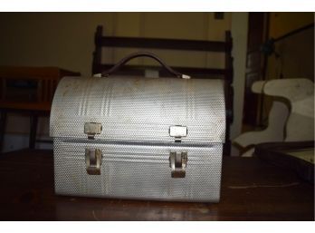 VINTAGE DOME TOP ALUMINUM LUNCHBOX COAL MINER LUNCH BOX  LEATHER STRAP