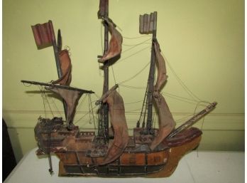 Stunning Wooden Model Ship Sailboat With Leather Sails