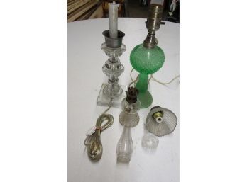 Vintage Green & Clear Glass Lamps & Salt Dish Lot