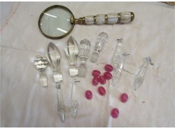 Lot Of Glass Prisms, Stoppers & Magnifying Glass